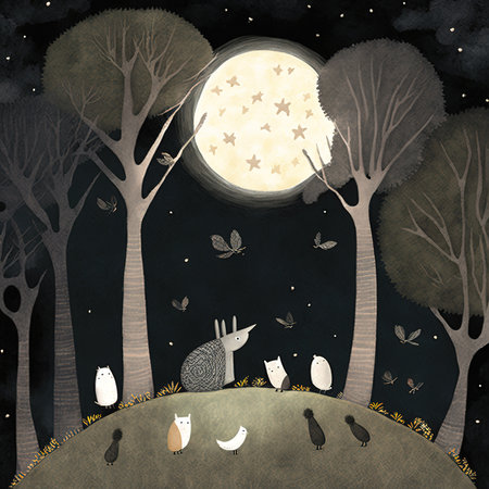 Hedgehog in the forest at night with full moon. Vector illustration.の素材