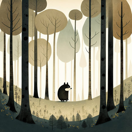 Forest background with bear in the forest. Vector illustration for your designの素材