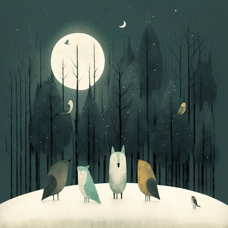 Illustration of a group of owls in the forest at nightの素材