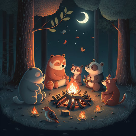 Panda family in the forest at night. Cartoon vector illustration.の素材