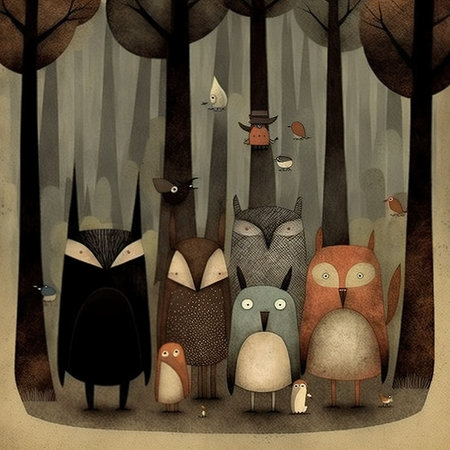 cartoon scene with owls in the forest - illustration for childrenの素材