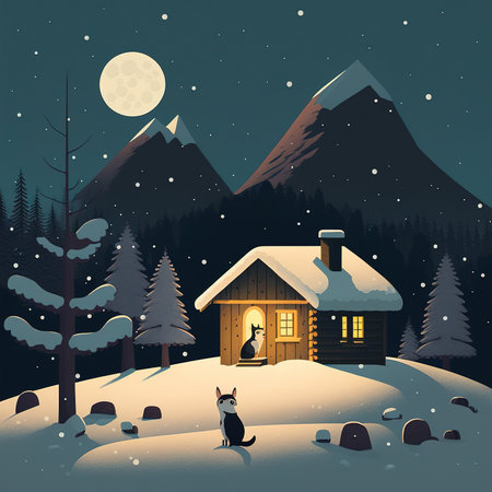 Winter landscape with house, dog and full moon. Vector illustration.の素材