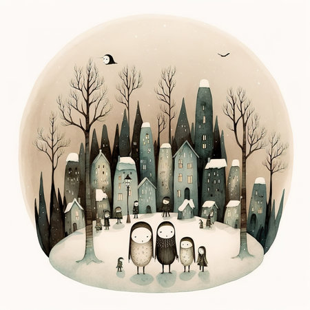 Winter cityscape with houses and penguins. Hand drawn illustration.の素材