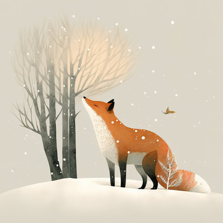 Illustration of a fox in the winter forest with falling snow.の素材