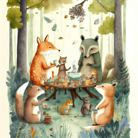 Cute foxes and squirrels in the forest. Watercolor illustrationの素材