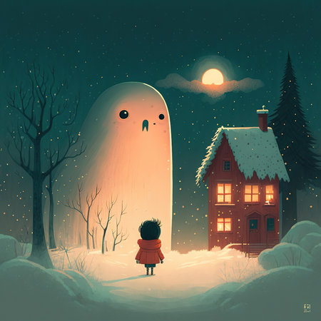 Vector illustration of a winter fairy tale with a little boy and a ghostの素材