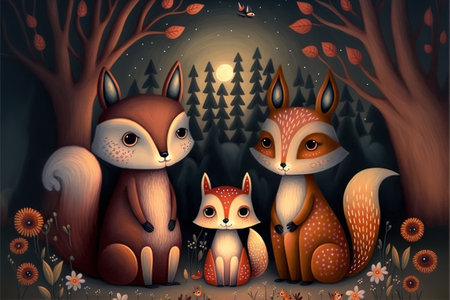Illustration of a group of foxes in the forest at nightの素材