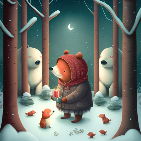 Illustration of a cute bear with a gift in the winter forestの素材
