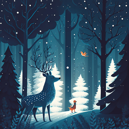 Deer in forest at night. Vector illustration for your design.の素材
