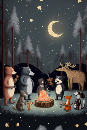 cartoon scene with forest animals in the moonlight illustration for childrenの素材