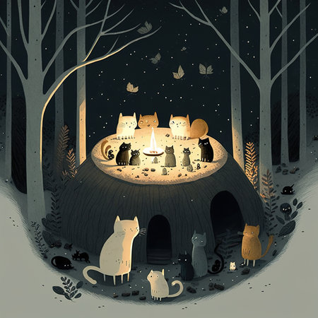 Night in the forest. Cute cats in the chimney.の素材