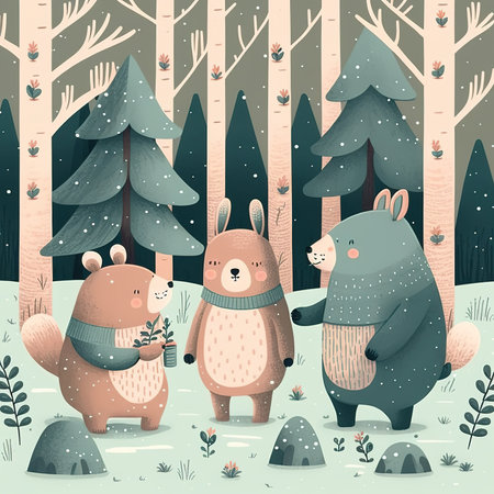 Cute cartoon bears in the forest. Vector illustration in flat style.の素材