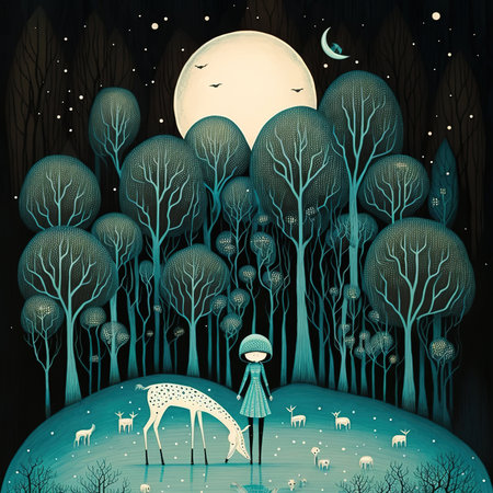Illustration of a young woman walking through the forest at night.の素材
