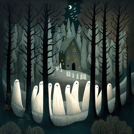 Halloween background with ghosts and haunted house in forest. Vector illustration.の素材