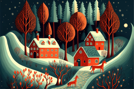Winter rural landscape with houses, trees and horses. Vector illustration.の素材