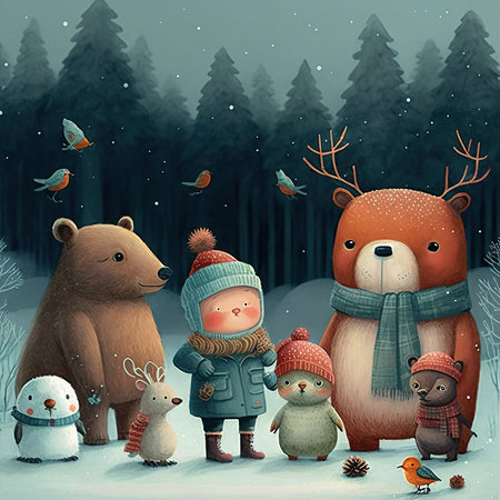 Winter scene with cute animals in the forest illustration for children. Christmas card.の素材