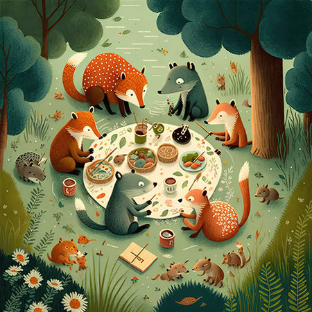 Illustration of a group of cute foxes eating in the forestの素材
