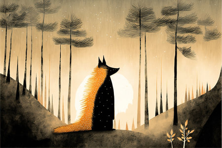 Illustration of a fox in a forest at night with full moonの素材