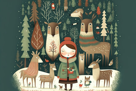 Cute little girl with deer in the forest. Vector illustration.の素材