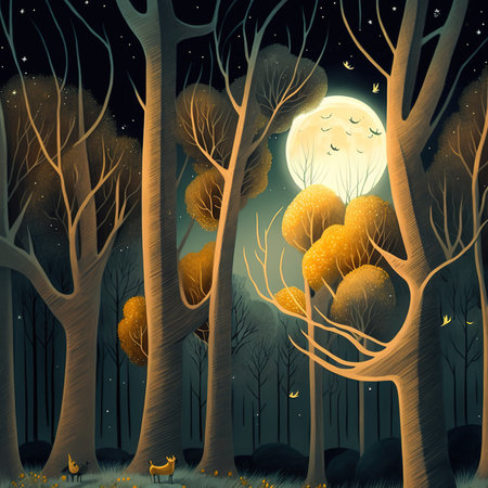 Night forest with full moon and trees. Halloween background. Vector illustration.の素材
