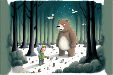 A bear and a little girl in the forest. Vector illustration.の素材