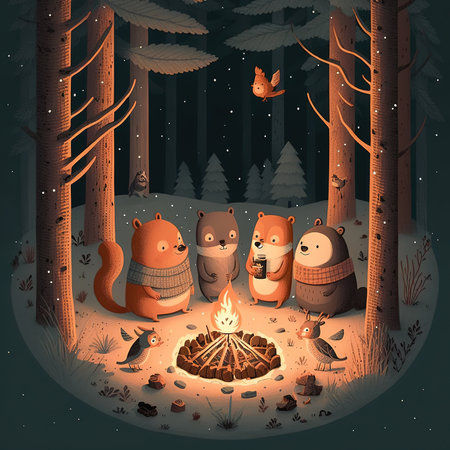 Cute cartoon bear family in the forest with bonfire. Vector illustration.の素材