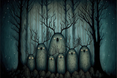 Halloween background with ghosts and trees in the forest. Vector illustration.の素材