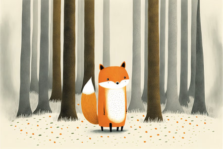 Cute fox in the forest. Hand drawn illustration. Vector.の素材