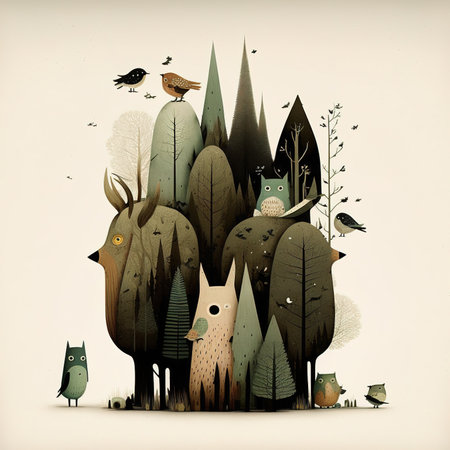 Fantasy forest with birds, owls and other animals. Vector illustration.の素材