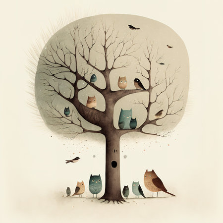 Vector illustration of a tree with owls and birds in the forestの素材