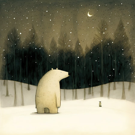 Illustration of a polar bear and a man in the winter forestの素材