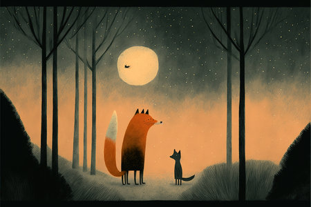 Illustration of a fox and a dog in the forest at nightの素材