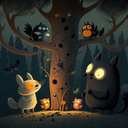 Halloween night background with forest, owl, fox and owl. Vector illustration.の素材