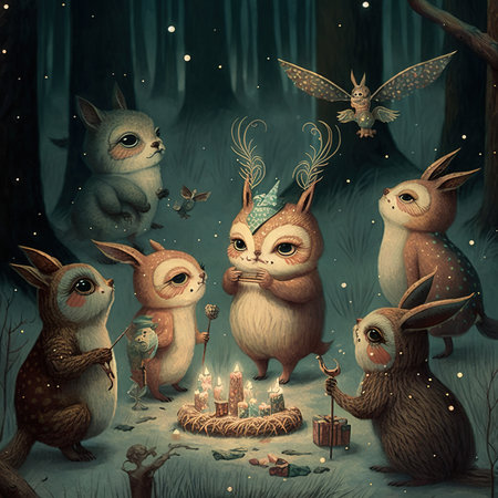 Illustration of a group of cute cartoon owls in the forestの素材