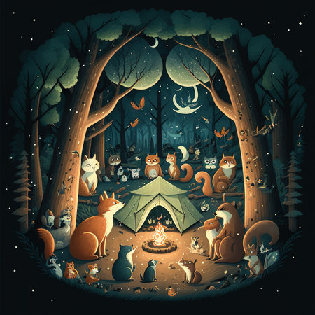 Camping in the forest with a lot of animals. Vector illustration.の素材