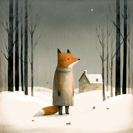 Little fox in winter forest. Watercolor painting. illustration.の素材