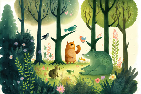 Cute cartoon animals in the forest. Illustration for your designの素材