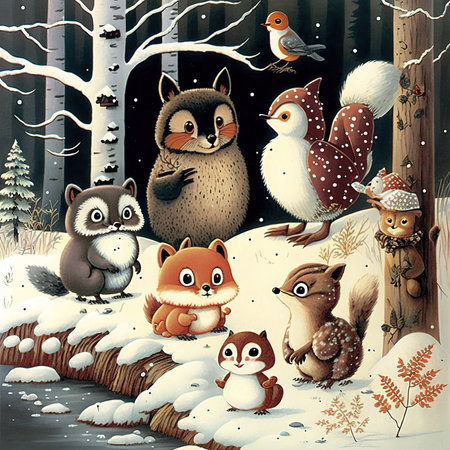 Winter forest with animals. Cute cartoon characters in the forest.の素材