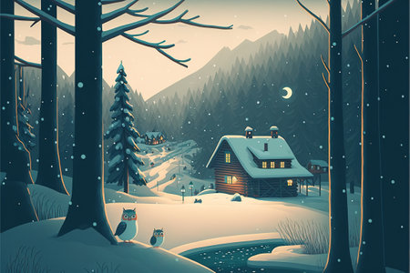 Winter landscape with house and owl in the forest. Vector illustration.の素材