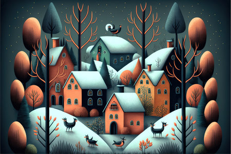 Winter village landscape with houses, trees and animals. Vector illustration.の素材
