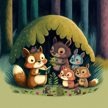 Illustration of a group of cute cartoon animals in the forest.の素材