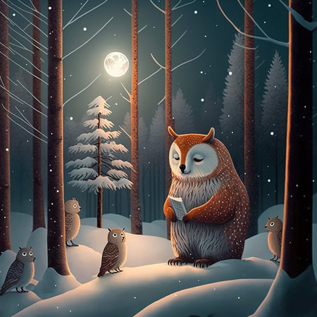 Cute owl in the winter forest at full moonlight. Vector illustration.の素材