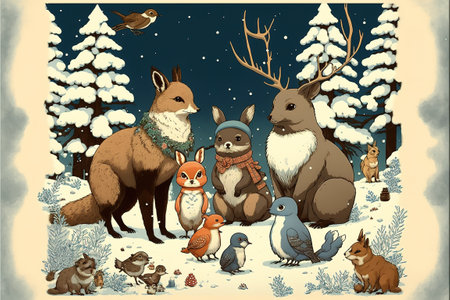 Winter forest with animals. Vector illustration of forest animals in cartoon style.の素材