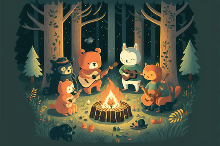 Vector illustration of a forest with a bonfire, a group of wild animals and a bonfireの素材