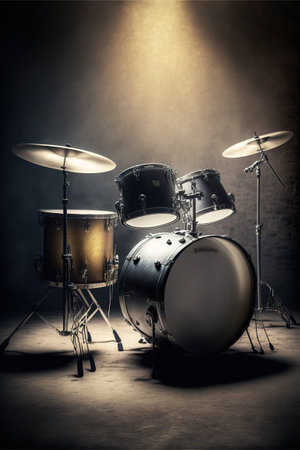 Drum set on stage with spotlights and smoke. Selective focusの素材
