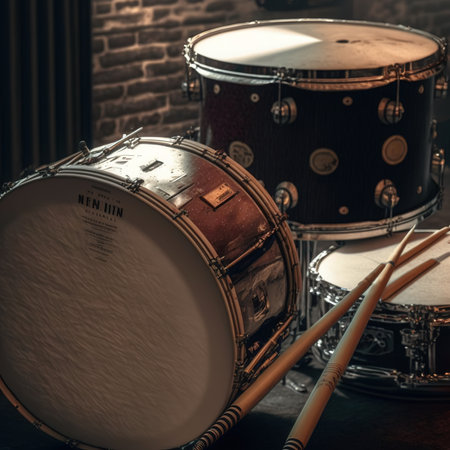 Drum set with drumsticks and drumsticks on a brick wall backgroundの素材