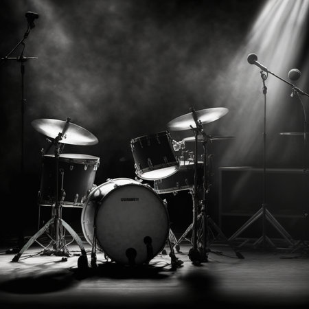 Drum set on stage with smoke and spotlights in black and whiteの素材