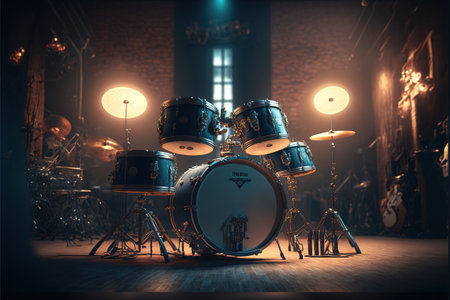 Dark room drum kits. 3D render. Music concept.の素材