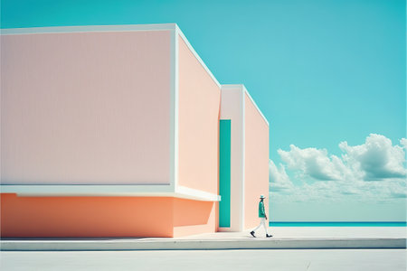 Businesswoman walking in front of a modern building. 3d renderの素材