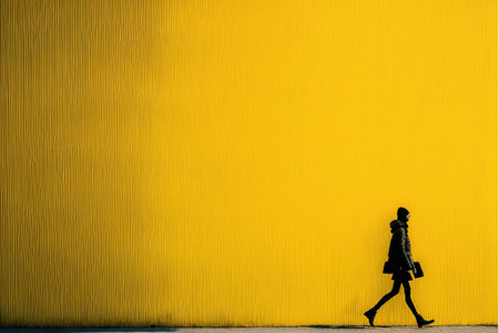 Silhouette of a woman walking in front of a yellow wallの素材